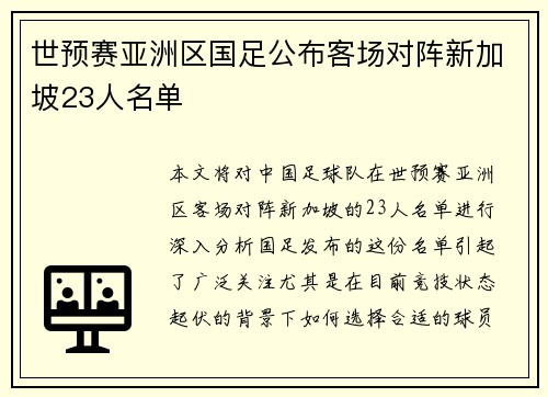 世预赛亚洲区国足公布客场对阵新加坡23人名单